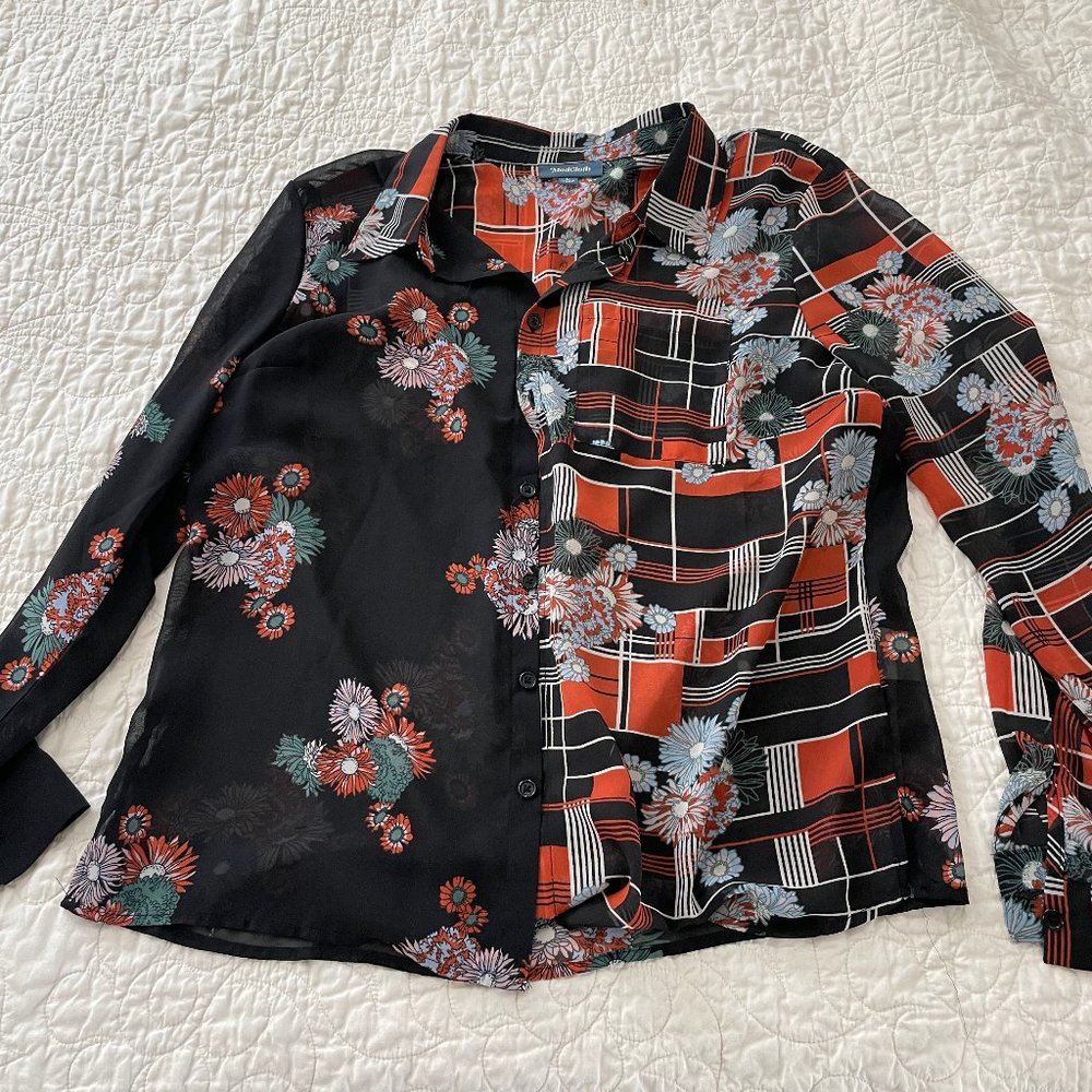 ModCloth Sheer Floral Button Down Blouse Red and Block Large